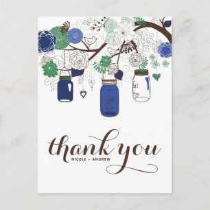 POSTAL AZUL Y VERDE MASON JARS BODA GRACIAS POSTCARD