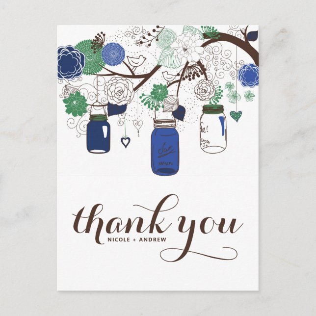POSTAL AZUL Y VERDE MASON JARS BODA GRACIAS POSTCARD (Anverso)