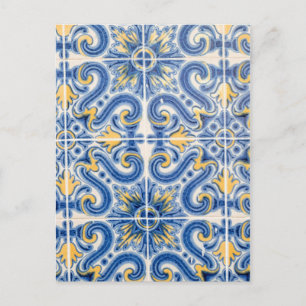 Postal Azulejo azul y amarillo, Portugal