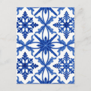 Postal Azulejo de Baldosa Floral Azul Blanco