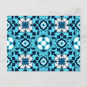 Postal Azulejos marroquíes florales, índigo, azul cielo y