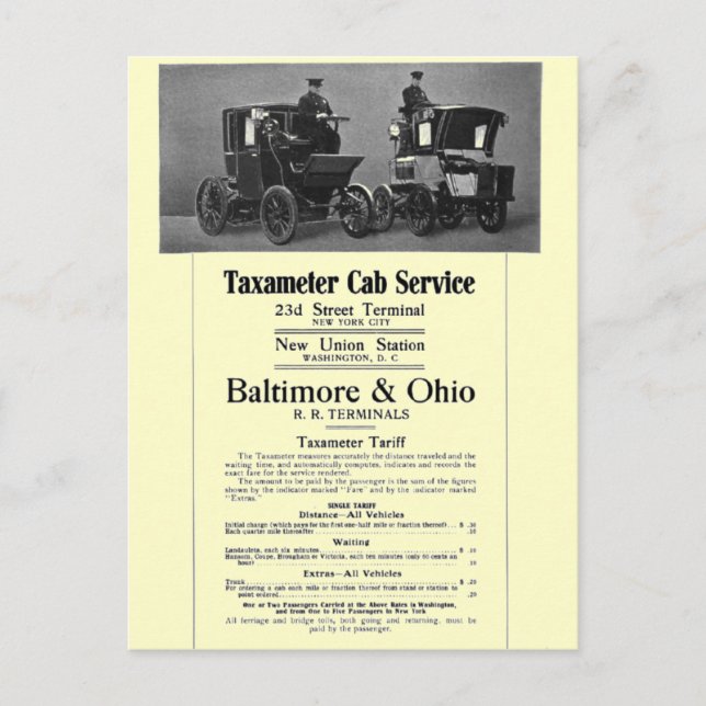 Postal B+O Ferrocarril Taxámetro Cab Service 1908 (Anverso)