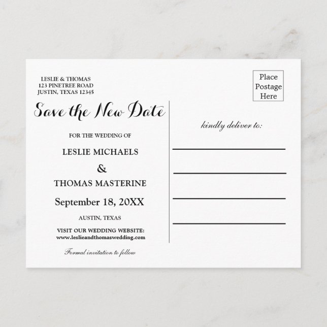 Postal B&W Personalized Save the New Date Postcard (Reverso)