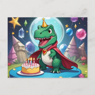 Postal Babay T-Rex con capa delante de la tarta de cumple