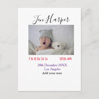 Postal Baby birth stats add name place date keepsake memo