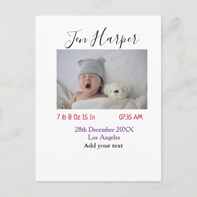 Postal Baby birth stats add name place date keepsake memo (Anverso)