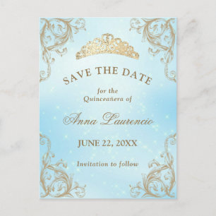 Postal Baby Blue Light Gold Quinceañera Save The Date