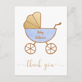 Postal Baby Boy Shower Retro Carrillo Azul Oro Gracias