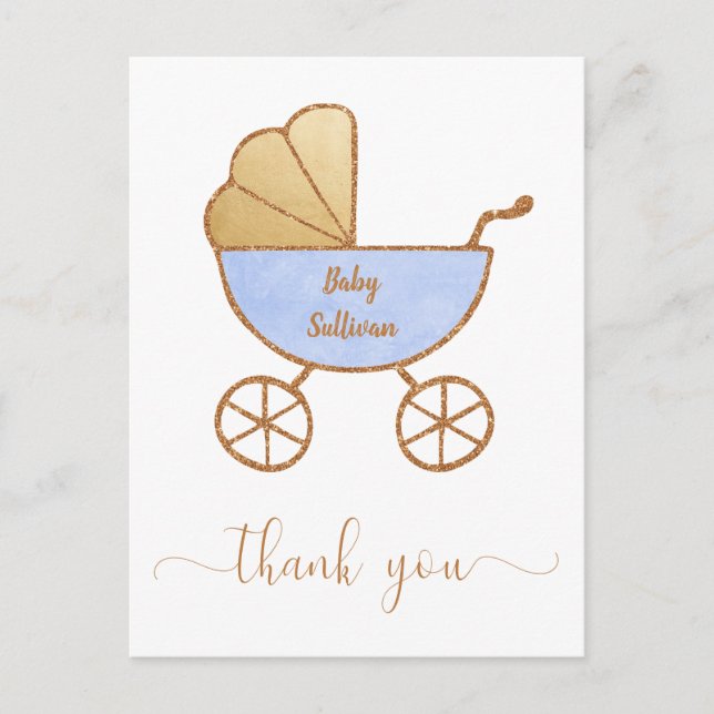 Postal Baby Boy Shower Retro Carrillo Azul Oro Gracias (Anverso)