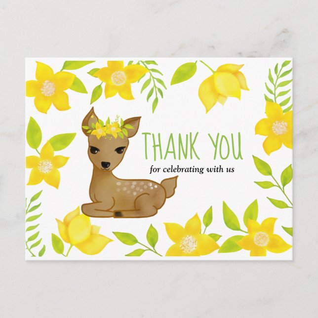 Postal Baby Deer Yellow Florals | Baby Shower Gracias (Anverso)