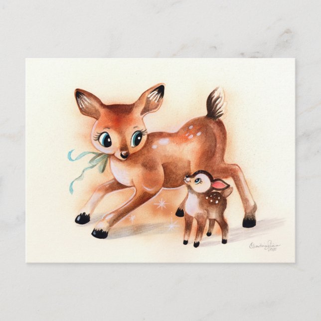 Postal Baby Fawn y Mama Deer Cute Kitsch (Anverso)