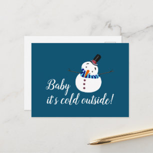 Postal Baby hace frío afuera, muñeco de nieve azul