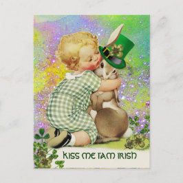 Postal BABY HUGGING RABBIT St. Patrick's Day Shamrock