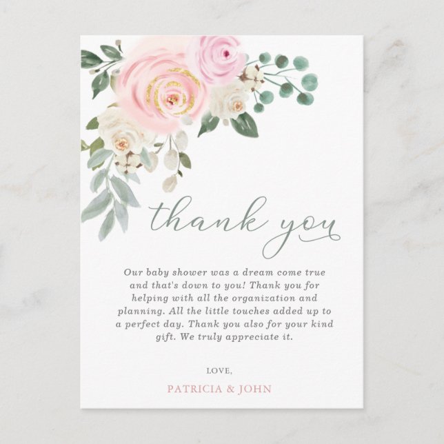 Postal Baby in Bloom Pink Floral Baby Shower Gracias (Anverso)
