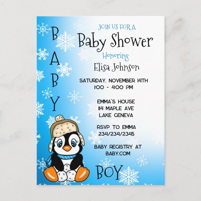 Postal Baby Penguin Winter Baby Shower (Anverso)