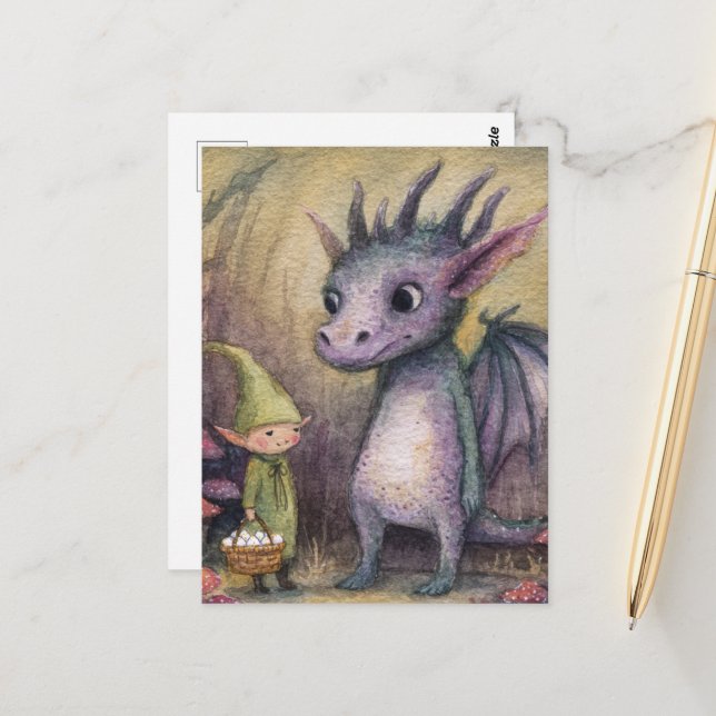 Postal Baby Purple Dragon and Elf With Eggs (Anverso/Reverso In Situ)