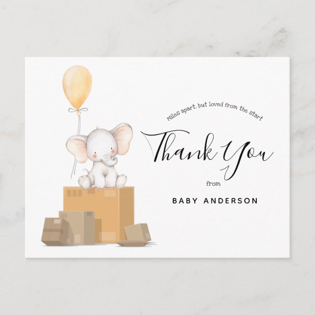 Postal Baby Shower amarillo elefante por correo gracias (Anverso)