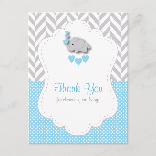 Postal Baby Shower azul, blanco y gris, gracias (Anverso)