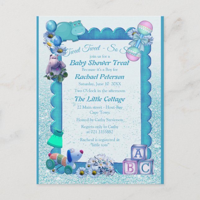 Postal Baby Shower azul turquesa (Anverso)