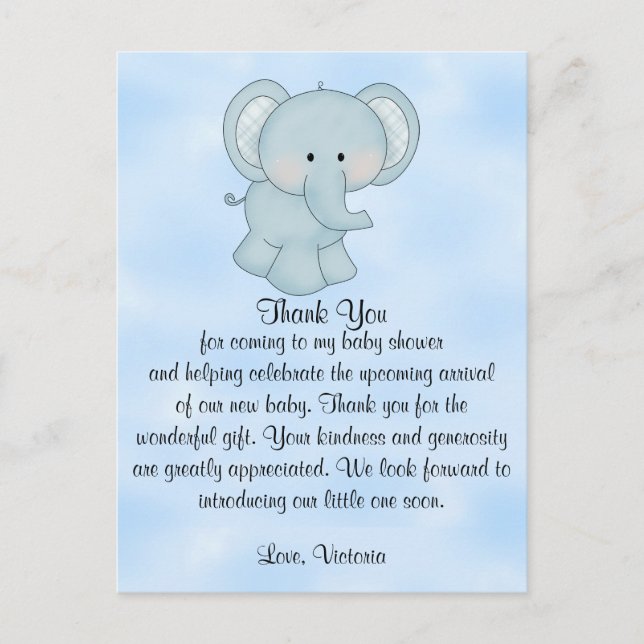 Postal Baby Shower Baby Boy Blue Elephant (Anverso)