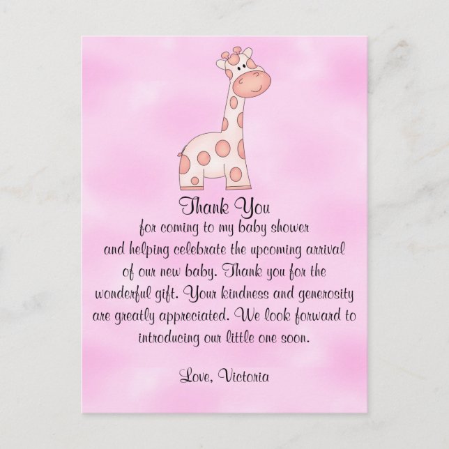 Postal Baby Shower Baby Girl Pink Giraffe (Anverso)