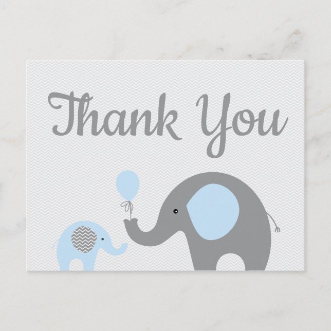 Postal Baby Shower Blue Gray Elephant Gracias Postcard (Anverso)
