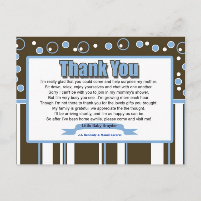 Postal Baby Shower Blue Metro Gracias Postcard (Anverso)