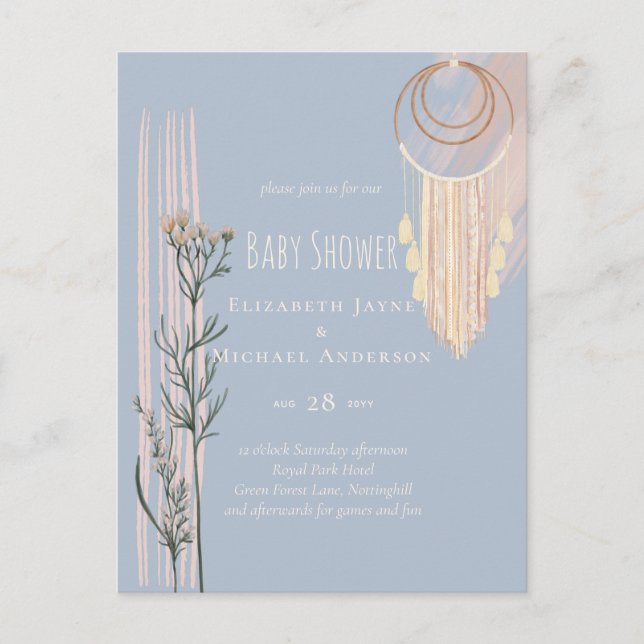 Postal Baby Shower Boho Azul Polvoriento (Anverso)