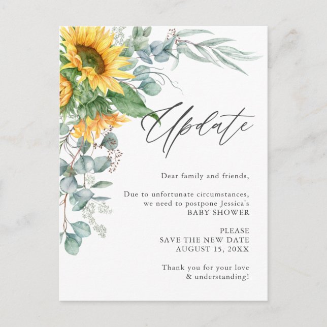 Postal Baby Shower Cambio de planes Eucalipto de girasol (Anverso)