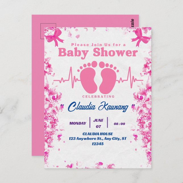 Postal Baby Shower Chica rosa y azul (Anverso / Reverso)