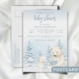 Postal Baby Shower color de agua azul de oso polar de inv