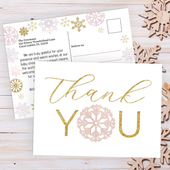 Postal Baby Shower con copo de nieve rosa Gracias Postcar (Pink & Gold Winter Wonderland Baby Shower Thank You Postcard)