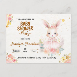 Postal Baby Shower - Conejito rosa lindo. Editable