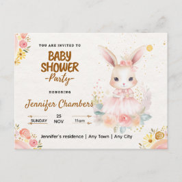 Postal Baby Shower - Conejito rosa lindo. Editable