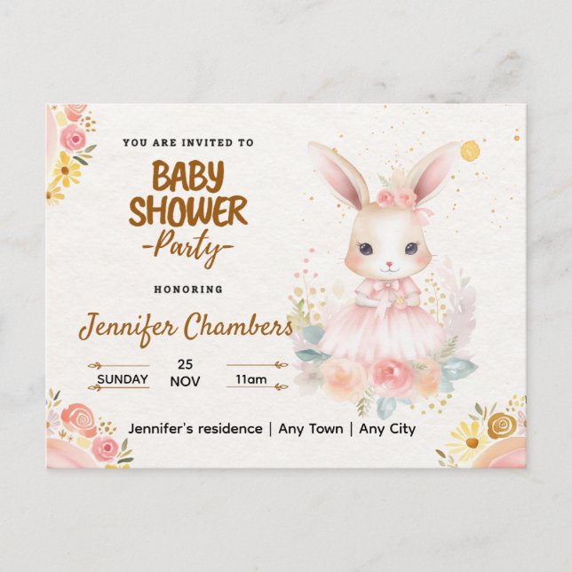 Postal Baby Shower - Conejito rosa lindo. Editable (Anverso)