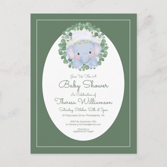 Postal Baby Shower | Cute Baby Elephant Invitation Postca (Anverso)