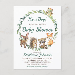 Postal Baby Shower de animales forestales rústicos de Woo