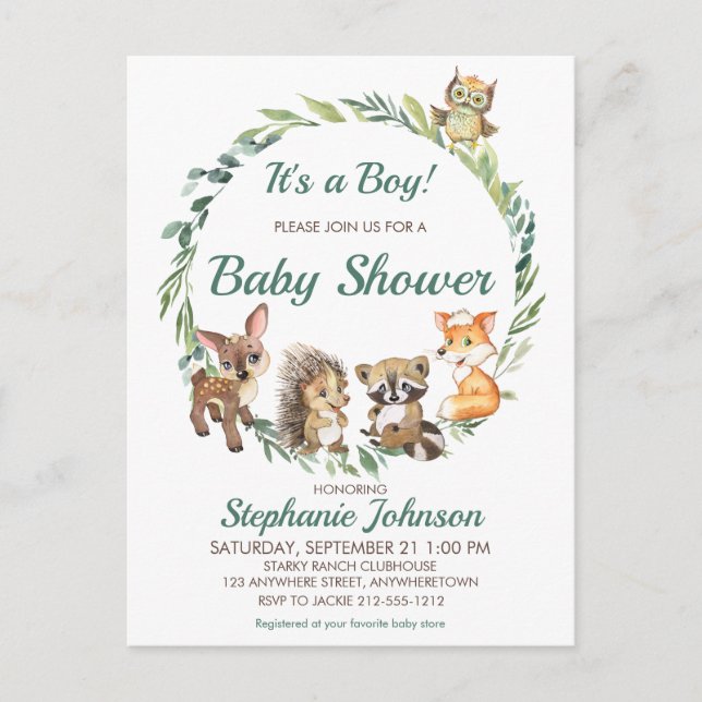 Postal Baby Shower de animales forestales rústicos de Woo (Anverso)