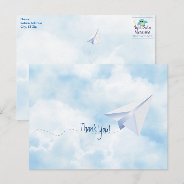 Postal Baby Shower de Avión de Papel Gracias (Anverso / Reverso)