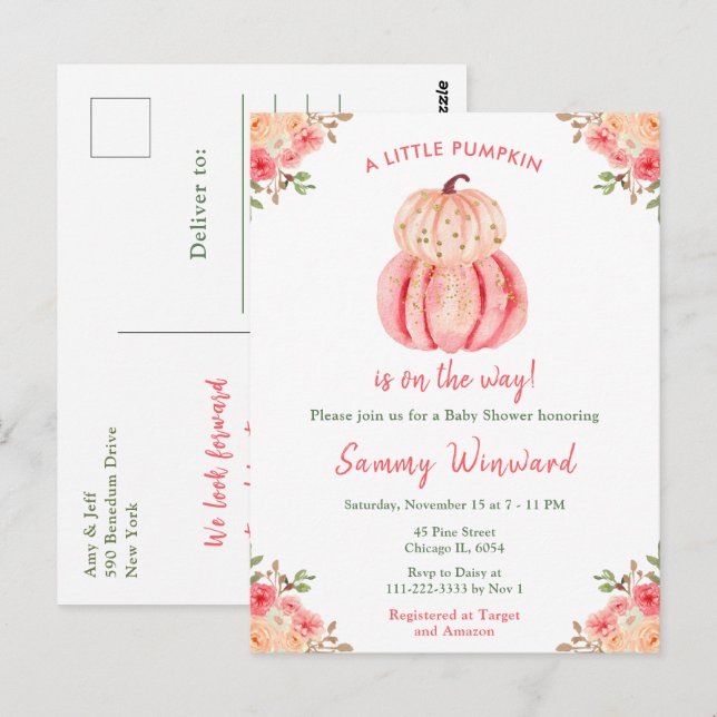 Postal Baby Shower de calabazas rosa y rosa (Anverso / Reverso)