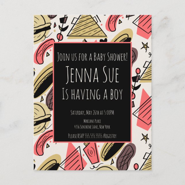 Postal Baby Shower de Doodles de barbacoa de verano (Anverso)