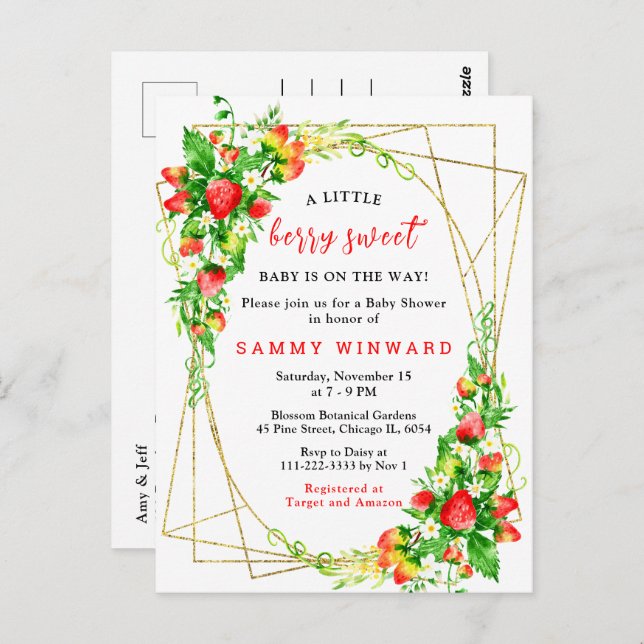 Postal Baby Shower de fresas y mareas (Anverso / Reverso)