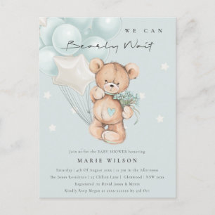 Postal Baby Shower de globo de Bearly Wait de Bear azul l
