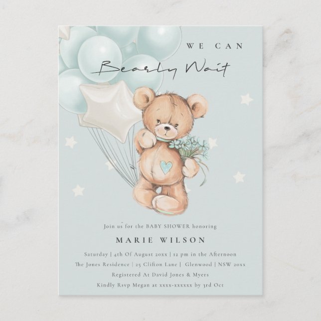 Postal Baby Shower de globo de Bearly Wait de Bear azul l (Anverso)