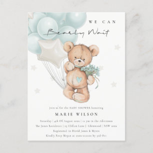 Postal Baby Shower de globo de Bearly Wait de Bear azul l