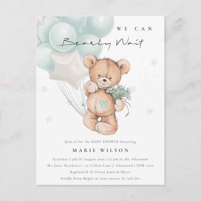 Postal Baby Shower de globo de Bearly Wait de Bear azul l (Anverso)