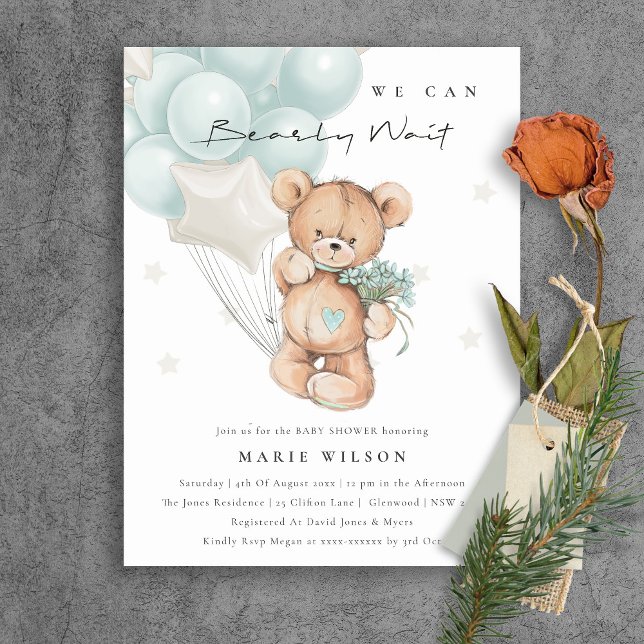 Postal Baby Shower de globo de Bearly Wait de Bear azul l (Subido por el creador)