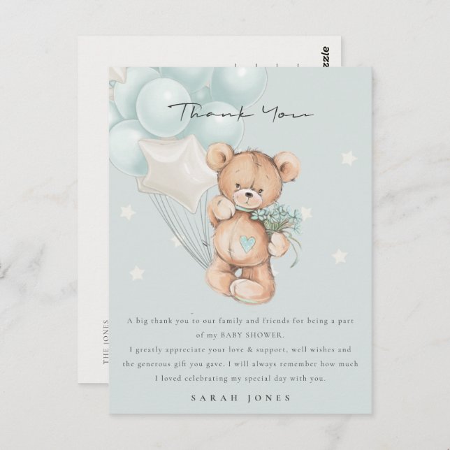 Postal Baby Shower de globo de Bearly Wait de Bear azul l (Anverso / Reverso)