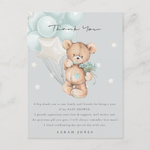 Postal Baby Shower de globo de espera de oso azul gris