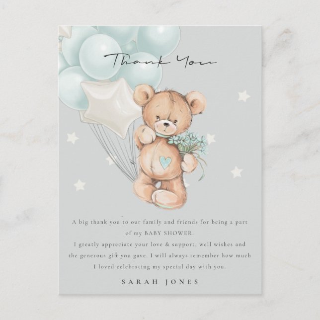 Postal Baby Shower de globo de espera de oso azul gris (Anverso)